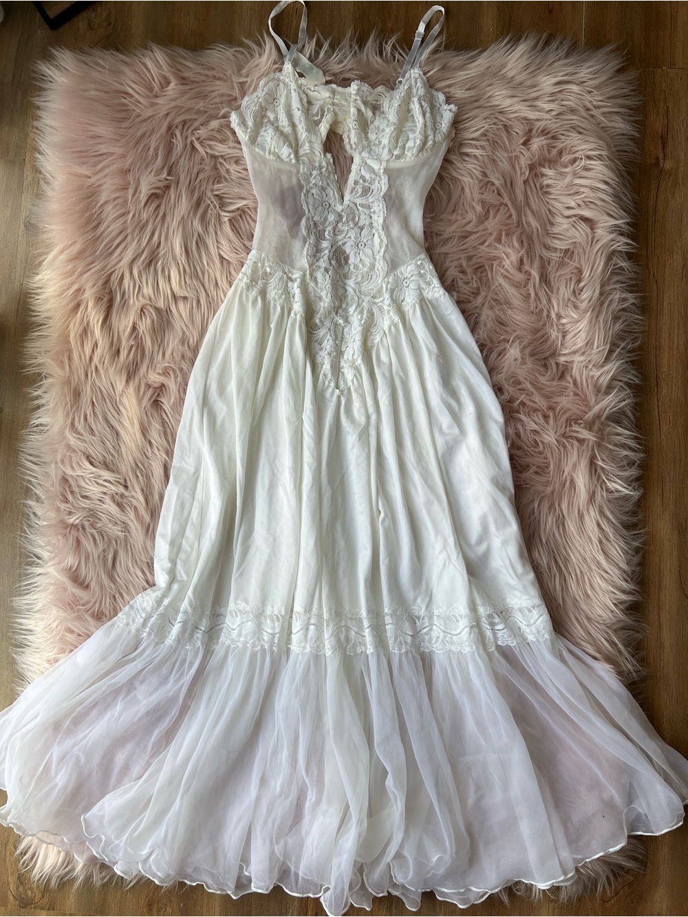Vintage White Lace Sheer Bodice Slip Dress Bridal Small